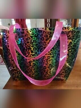 Rainbow Leopard Print Tote with Pink Handles